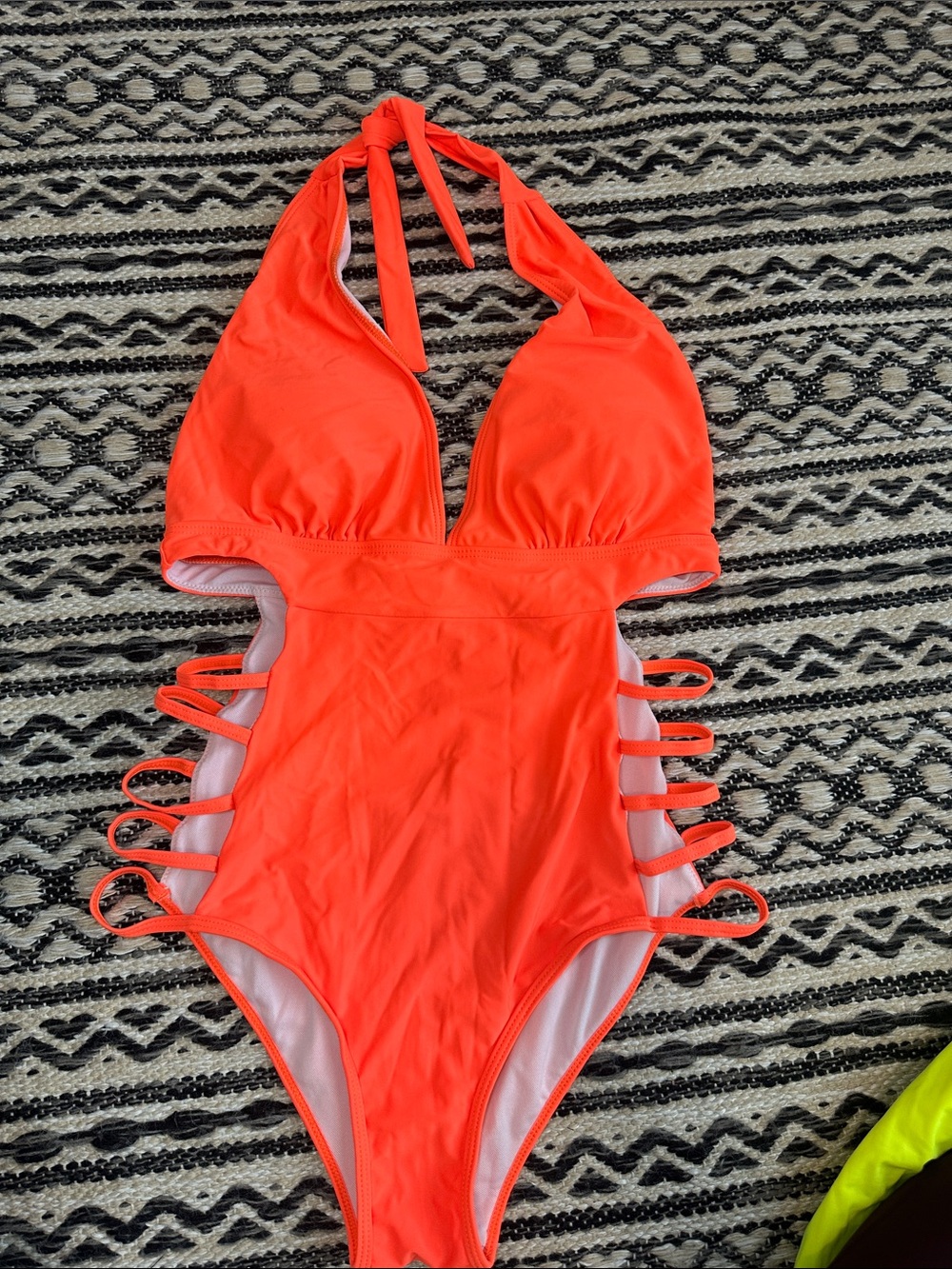 Neon Orange Halter One-Piece Swimsuit with Side Strap Detail